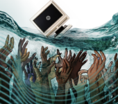 A computer monitor with a parody of a tech company logo floats on the waves while human hands reach up from the depths.