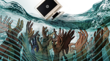 A computer monitor with a parody of a tech company logo floats on the waves while human hands reach up from the depths.